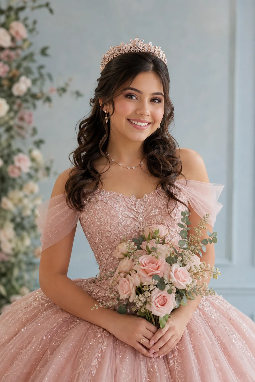 Quinceañera con vestido rosa y ramo de flores